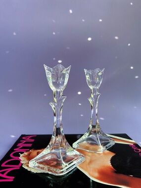 Vintage Clear Crystal Glass Tulip Candlestick Pair
